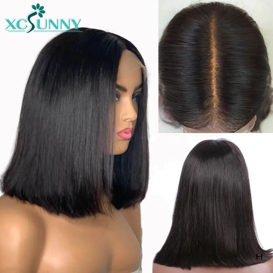

13x6 Fake Scalp Lace Front Human Hair Wigs Deep Parting 180% Straight Short Bob Wig Brazilian Remy Hair Pre Plucked xcsunny