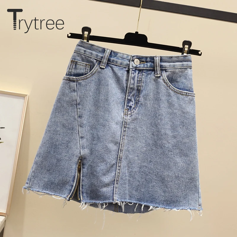 Trytree 2020 Summer Women Skirt Casual Button Pockets Hem Zipper Tassel Fashion A-line All-Purpose Style Cowboy | Женская одежда
