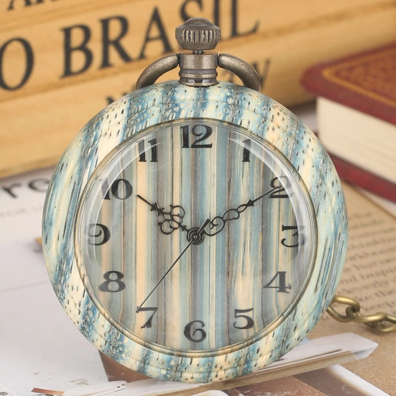 Light Green Mixed Color Bamboo Wood Quartz Pocket Watch Fashion Arabic Numbers Wooden Fob Clock + 30cm Chain Relojes de bolsillo | Наручные