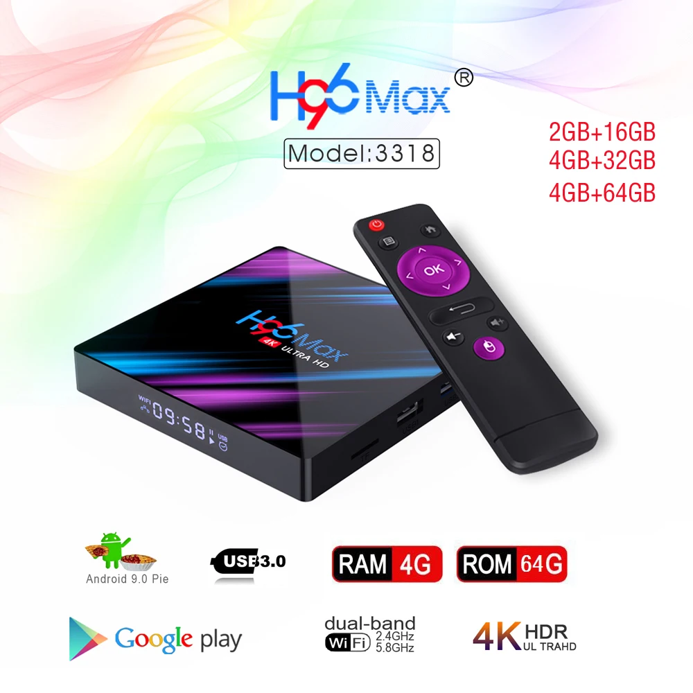 

4K H96 Max TV Box Android9.0 2GB/4GB ROM 32GB/64GB Quad Core RK3318 Bluetooth 4.0 Set Top Box Media Player Smart WiFi TV Players