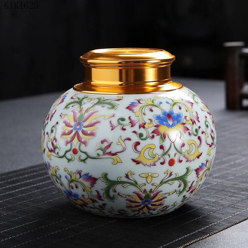 

Modern Painted Ceramic Tea Caddy Metal Double Lid Sealed Jar Household Round Dried Fruit Coffee Bean Storage Box Home Decoration