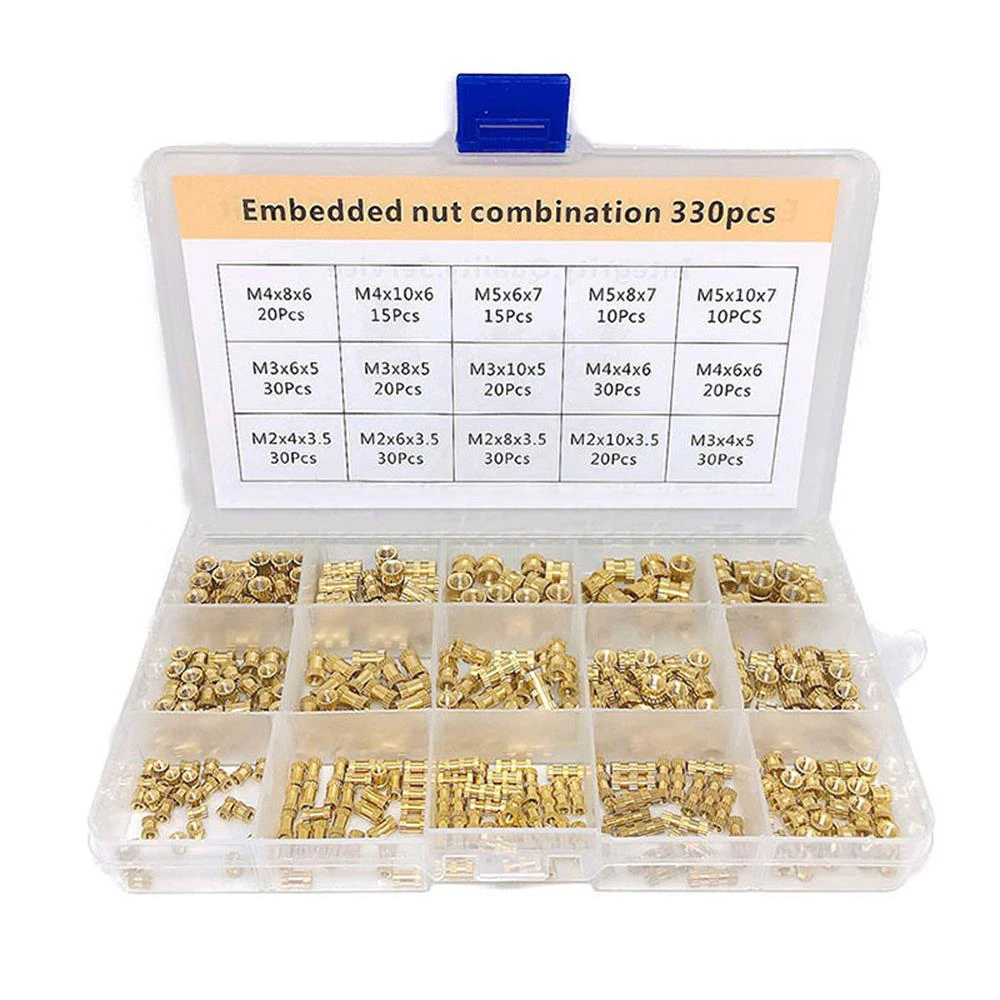 330pcs M2/M3/M4/M5/M6/M8 Brass Threaded Insert Nuts Set Embedded Nut Combination Copper Knurled Round Molded-in Packed | Обустройство