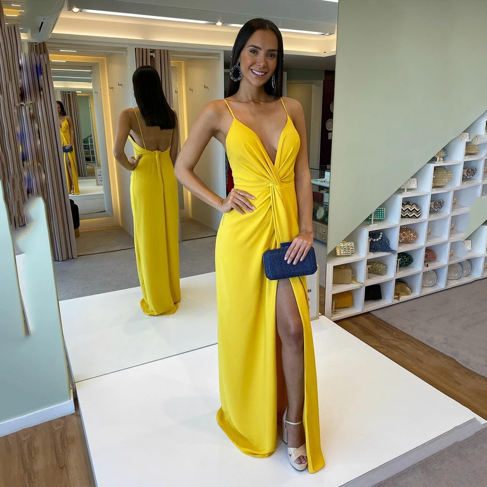 

UZN Daffodil A-Line Satin Prom Dress Sexy V-Neck Spaghetti Straps Evening Dress High Slit Party Dresses 2022 Robes de bal