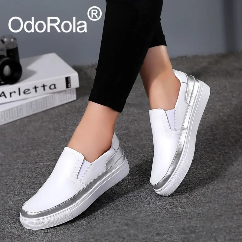 

OdoRola Women Flat Shoes Genuine Leather Slip-on Loafers Oxford Boat Shoes Casual Sneakers Women White Shoes Creepers Moccasins