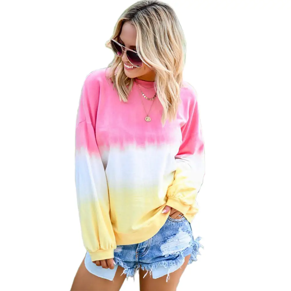 Womens Casual Gradient Long Sleeve T-Shirt Colorblock Block Tie Dye Printed Pullover 11