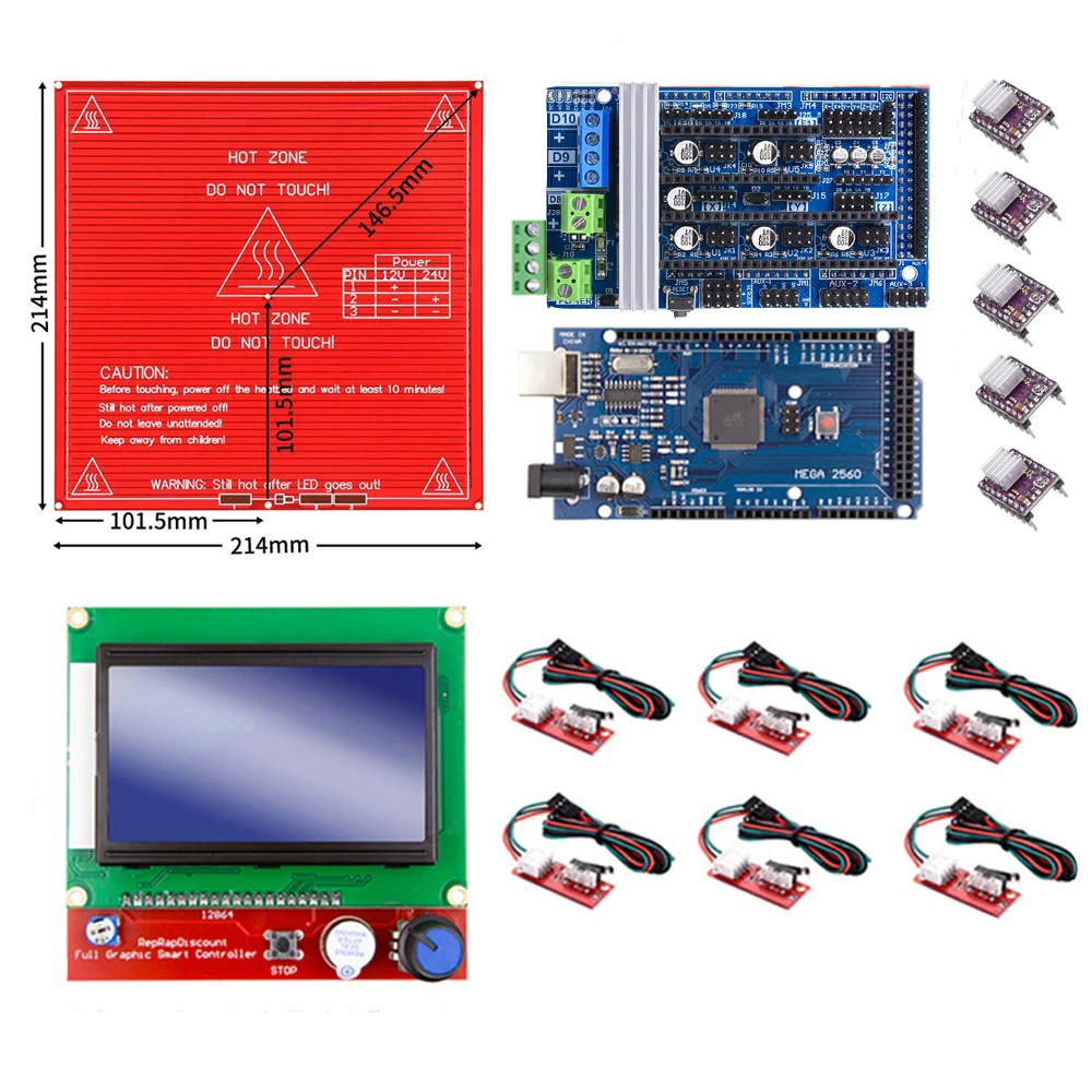 Ramps 1.6 Kit with Mega 2560 r3 + Heatbed MK2B + 12864 LCD Controller + DRV8825 +Mechanical Switch +Cables for 3D Printer
Ramps 1.6 Kit with Mega 2560 r3 + Heatbed MK2B + 12864 LCD Controller + DRV8825 +Mechanical Switch +Cables for 3D Printer