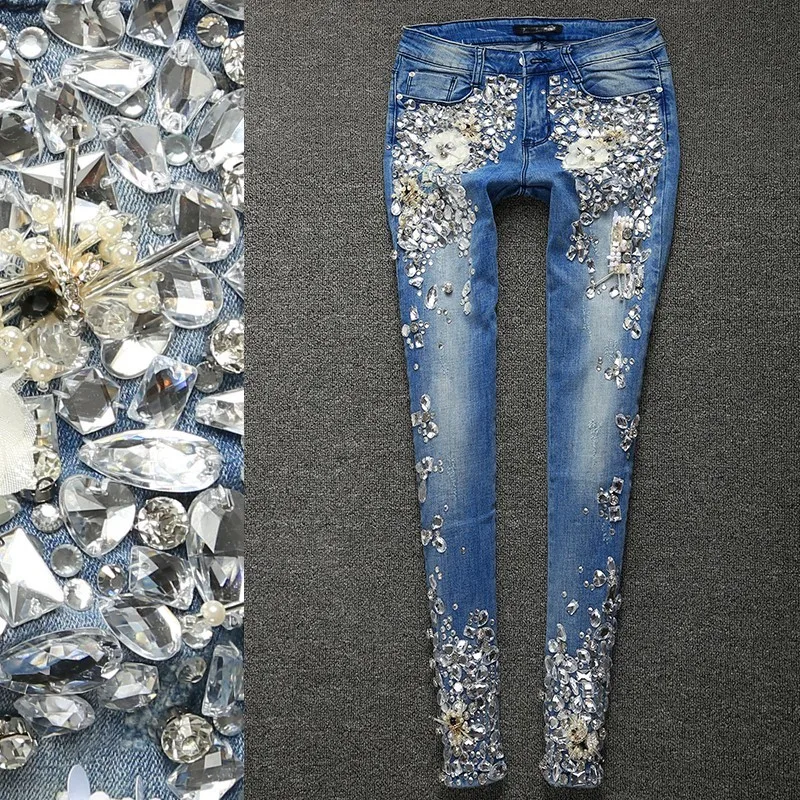 Модные Винтажные женские джинсы размера плюс с роскошной вышивкой и стразами
