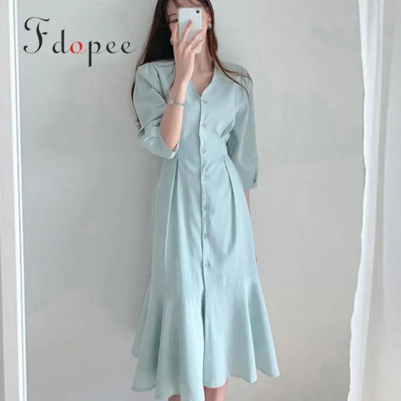 2019 Autumn Elegant Dress Temperament Pleat High Waist Lotus Leaf Edge Three Quarter Sleeve Single-breasted Pleat Sexy Vestidos
2019 Autumn Elegant Dress Temperament Pleat High Waist Lotus Leaf Edge Three Quarter Sleeve Single-breasted Pleat Sexy Vestidos