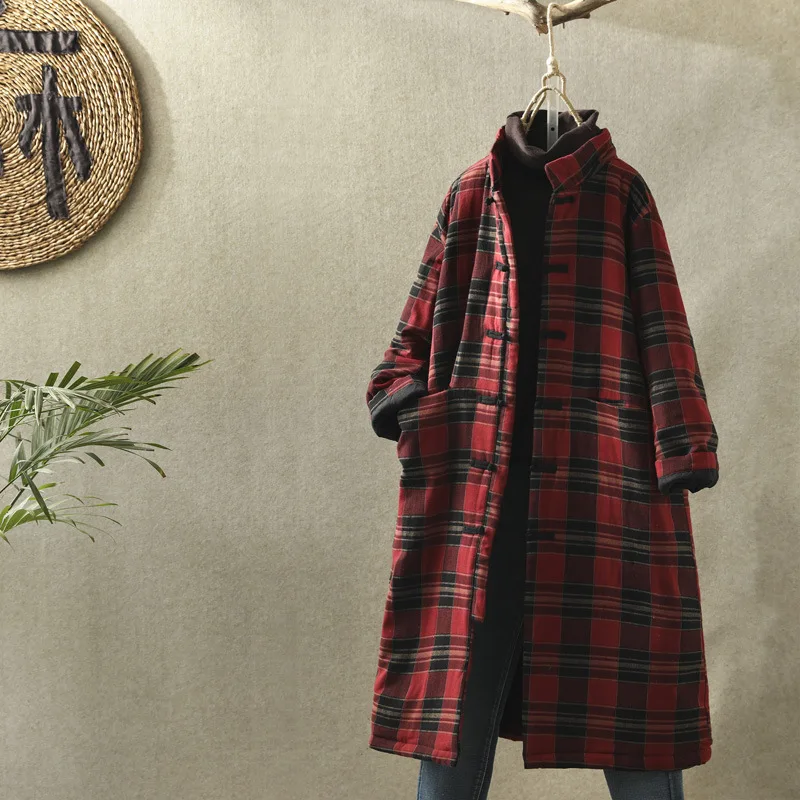 

Plaid Cotton Overcoat Women's Loose-Fit Retro Literature And Art Mid-length Frog Antique Style over-the-Knee Padded Overcoat Wom