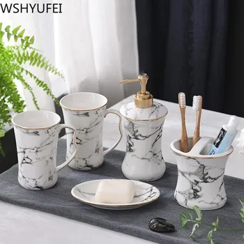 Nordic fashion Marble stripe ceramic five-piece bathroom products Simple five-piece wedding bath set Bathroom ceramic set 
Nordic fashion Marble stripe ceramic five-piece bathroom products Simple five-piece wedding bath set Bathroom ceramic set
