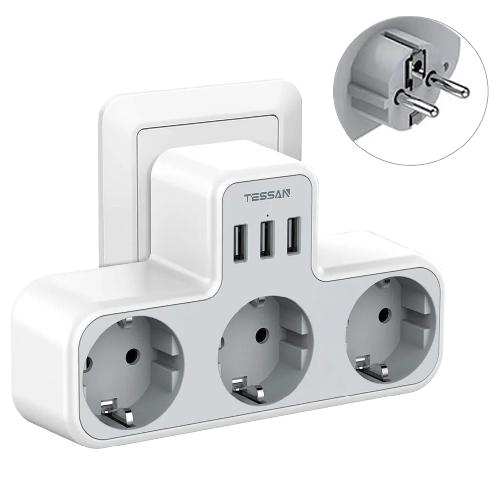 TESSAN EU Plug Power Strip with 3 USB Ports and Outlets Multi Extender Wall Socket Adapter Type -E/F | Электроника