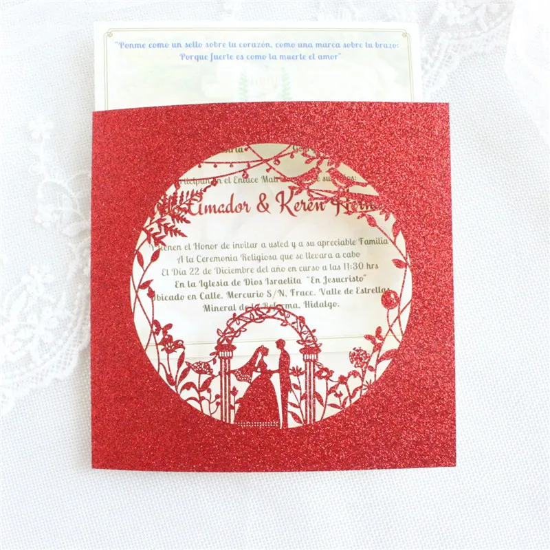 Блестящие красные приглашения на свадьбу Свадебный карманный дизайн заказ
