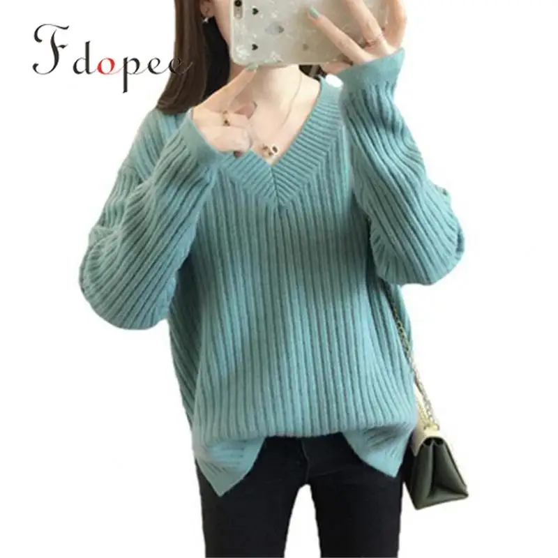 2019 Winter Knitted Sweater Solid Color Knitted Long Sleeve V-neck Plus Size Pullovers Vertical Pattern Loose Soft Women Sweater
2019 Winter Knitted Sweater Solid Color Knitted Long Sleeve V-neck Plus Size Pullovers Vertical Pattern Loose Soft Women Sweater