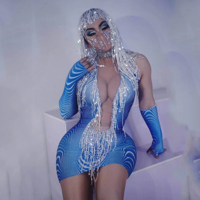 

Rhinestone women party stage show costume Sparkly Blue Short Dress Beading Fringes Headdress
