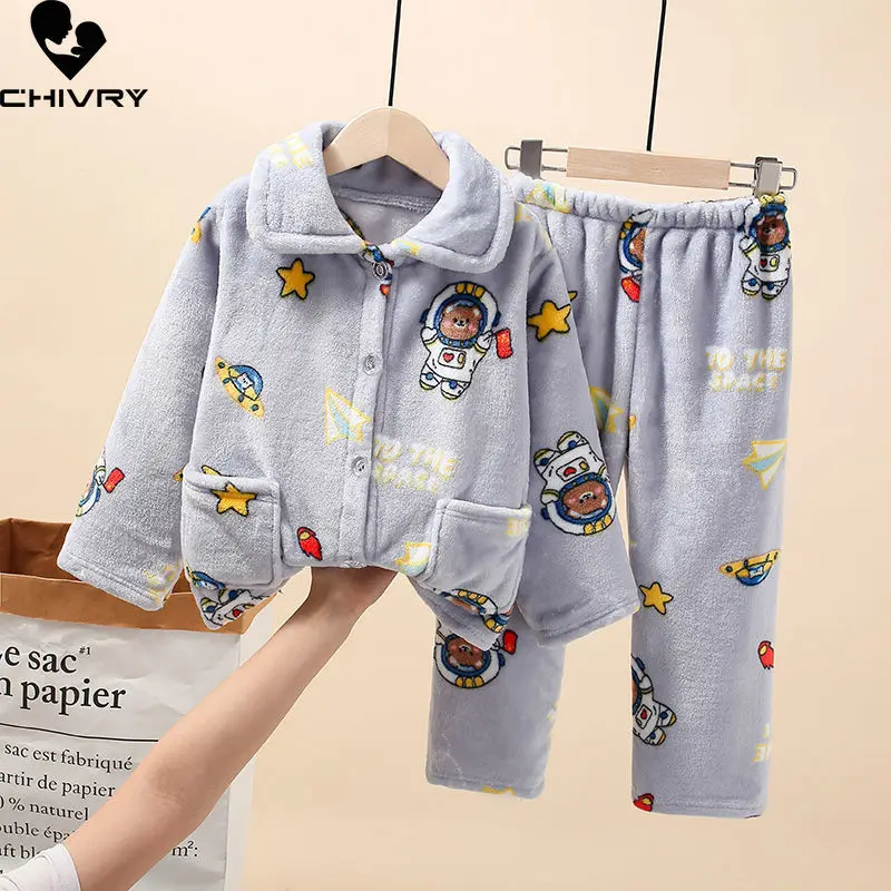 

New 2021 Kids Boys Girls Autumn Winter Warm Flannel Pajama Sets Cartoon Long Sleeve Lapel Tops with Pants Sleeping Clothing Sets