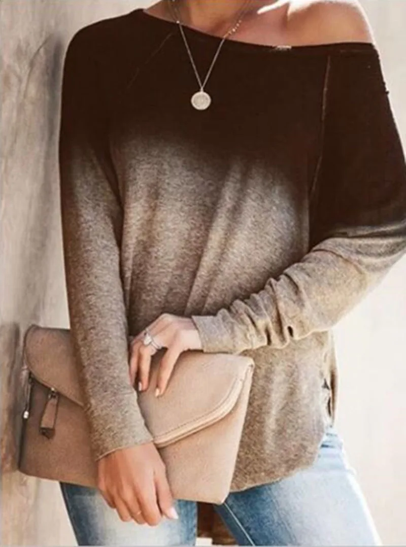 Autumn Gradient T Shirt Women Spring Long Sleeve O-Neck Sexy Strapless Vintage Shirts Loose Plus Size Top Tee Oversized T-Shirt