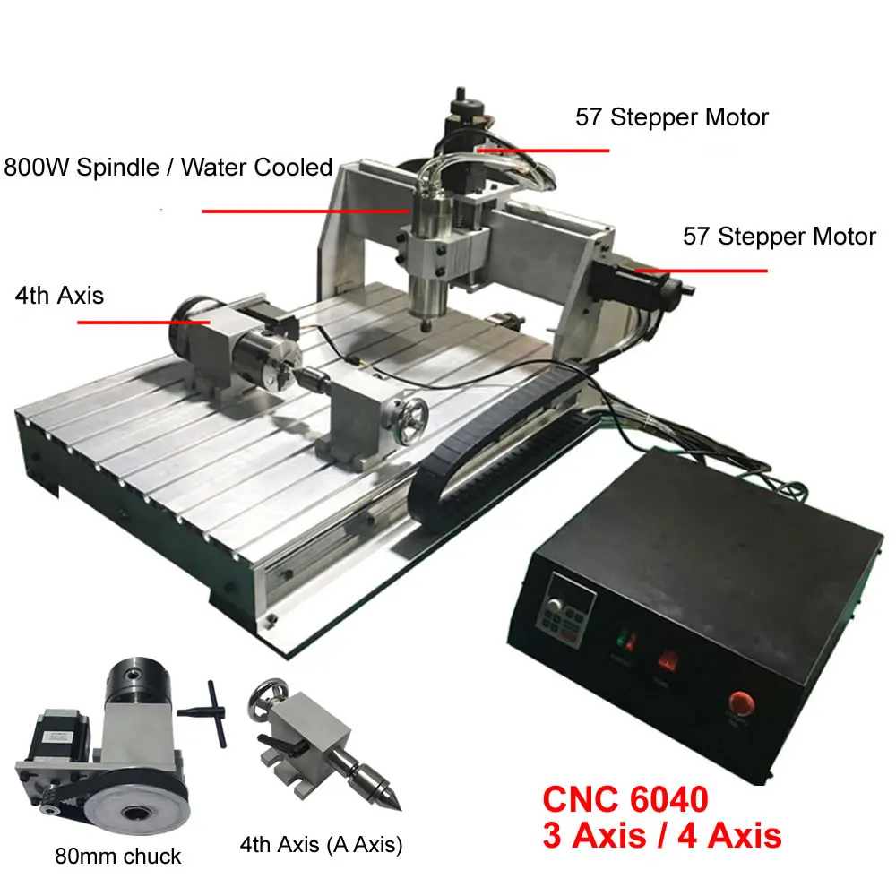 

USB 4 Axis CNC Engraving Machine 6040 Wood Router 800W Spindle Motor Metal PCB Acrylic Lettering Milling Carving Cutting Machine