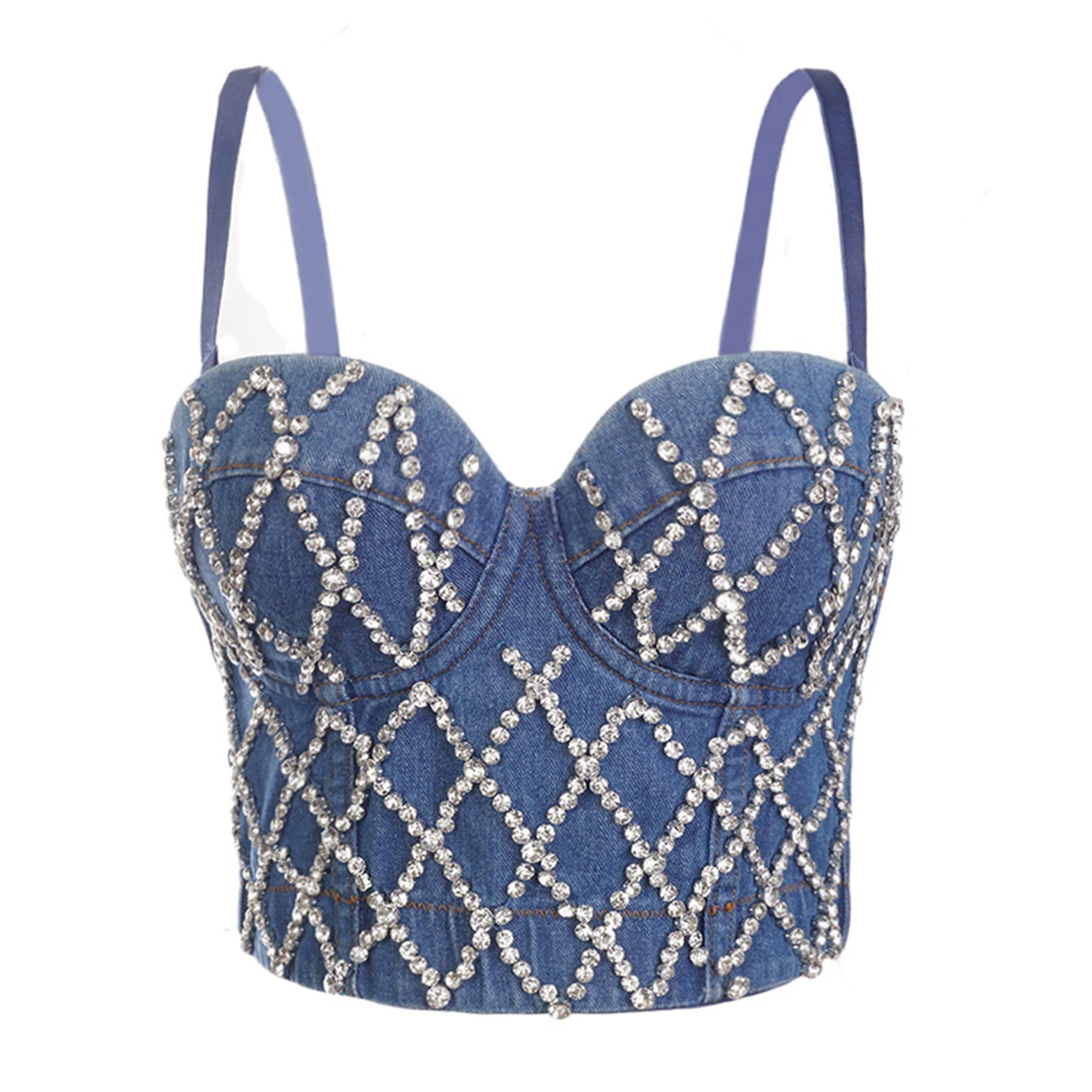 Irene Tinnie Sexy Charming Denim Jeans Diamonds Womens Bustier Bra Night Club Party Cropped Top Vest Plus Size