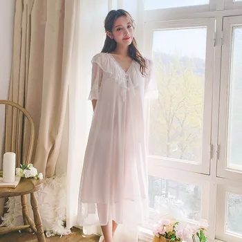 

Summer Princess Style Lace Ruffled Casual Homewear Nighty V-neck Short Sleeve Over The Knee Long Dress Can Be Worn Outside