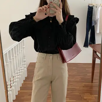 COIGARSAM Office Lady Ruffles Shirt Womens tops New Full Sleeve Solid Peter pan Collar Women shirts White Black 9483 
COIGARSAM Office Lady Ruffles Shirt Womens tops New Full Sleeve Solid Peter pan Collar Women shirts White Black 9483