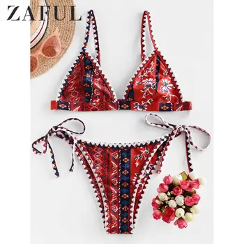 

ZAFUL Vintage Boho Floral Whip Stitch Tie Side Bikini Swimwear Low Waisted Tie Side Two Pieces Swimsuit Spaghetti Straps Bikini