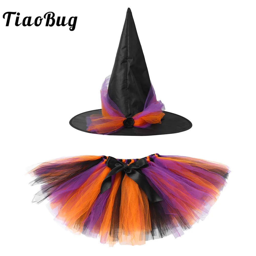 

Kids Girl Witch Costume Rainbow Mesh Tutu Skirt with Pointed Hat Halloween Carnival Cosplay Party Fancy Dress Up Clothes