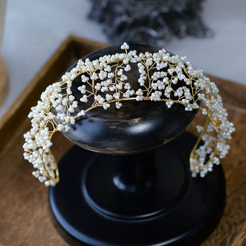 

Pure Handmade Pearls Brides Leaves Tiaras Crowns Headbands Bridal Hairbands Wedding Hair Accessory Prom Head Wear