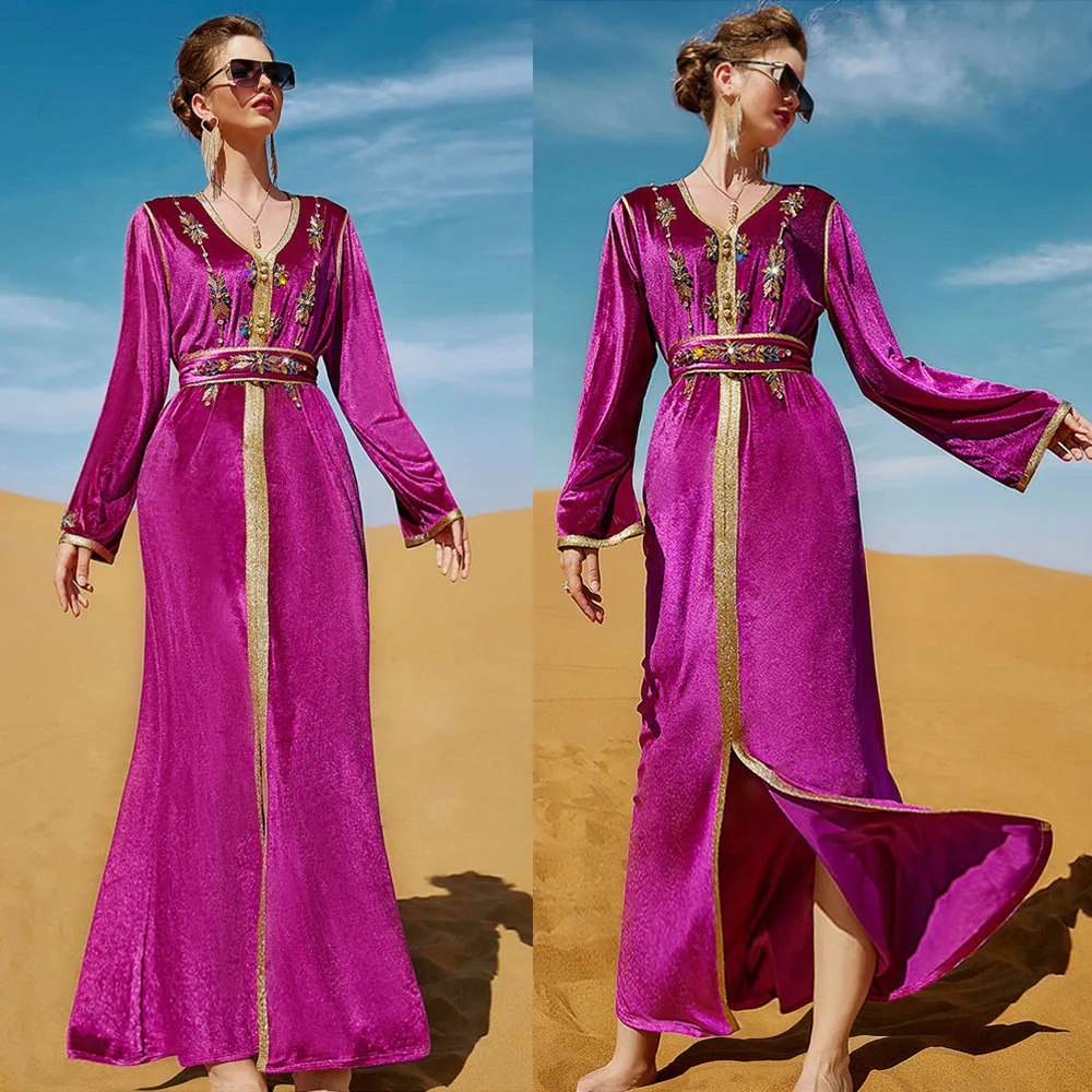 

Moroccan Kaftan Velvet Muslim Women Long Dress Rhinestone Luxury Party Evening Gown Robe Islam Arabic Abaya Ramadan Middle East
