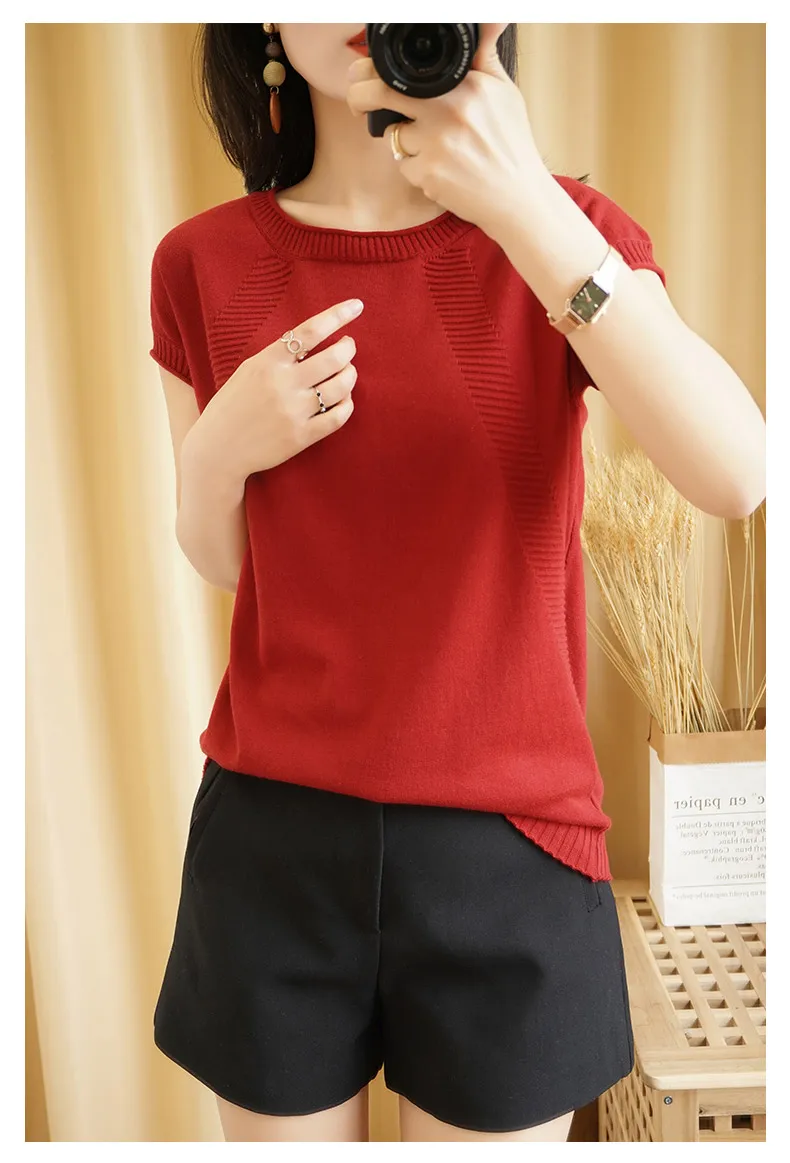 Summer Women's Sweaters fashion O-Neck Short Sleeve Female Pullover 100% Cotton Knitted Tops Soft Health Clothes Pull Femme Cool Summer Women's Sweaters fashion O-Neck Short Sleeve Female Pullover 100% Cotton Knitted Tops Soft Health Clothes Pull Femme Cool