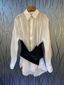 2020 Spring and Summer New Women's Color Matching Girdle Decorative Lapel Long Sleeve Mid-Length Shirt 705
2020 Spring and Summer New Women's Color Matching Girdle Decorative Lapel Long Sleeve Mid-Length Shirt 705