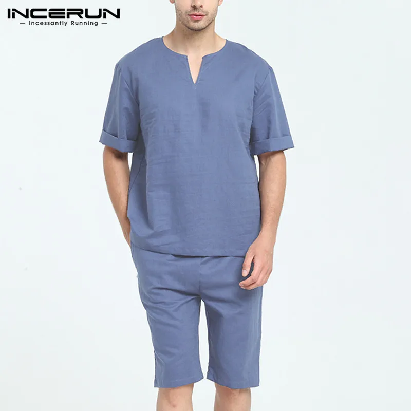 INCERUN Модные мужские однотонные повседневные пижамы с коротким рукавом удобные