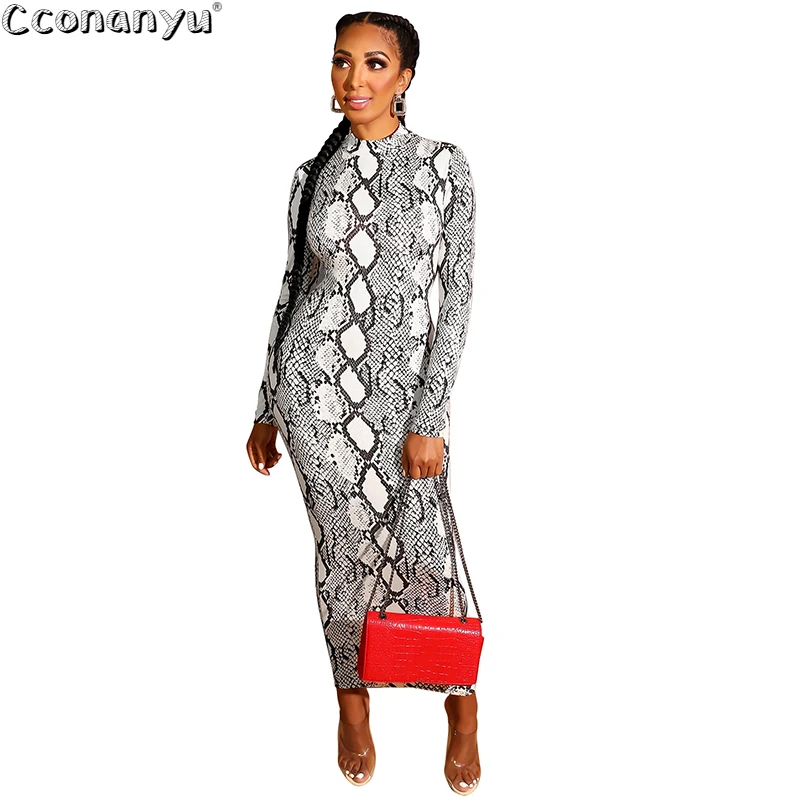 

Women SnakeSkin Dress Sexy Print Womens Snake Skin sheath Long Sleeve Zipper Deep V Midi Bodycon Elegant Party Dress