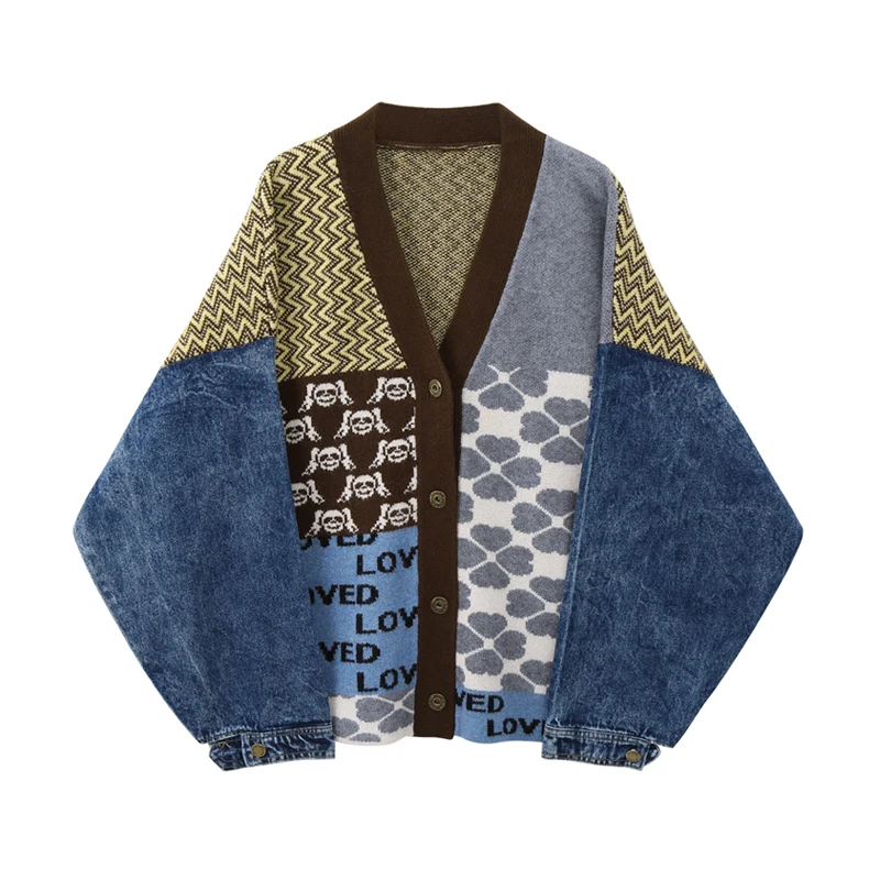 Retro Knit Cardigan Printed Patchwork Denim Jacket Vneck Long Sleeve Street Casual Loose Sweater Beauty Jacket Autumn Winter New
Retro Knit Cardigan Printed Patchwork Denim Jacket Vneck Long Sleeve Street Casual Loose Sweater Beauty Jacket Autumn Winter New