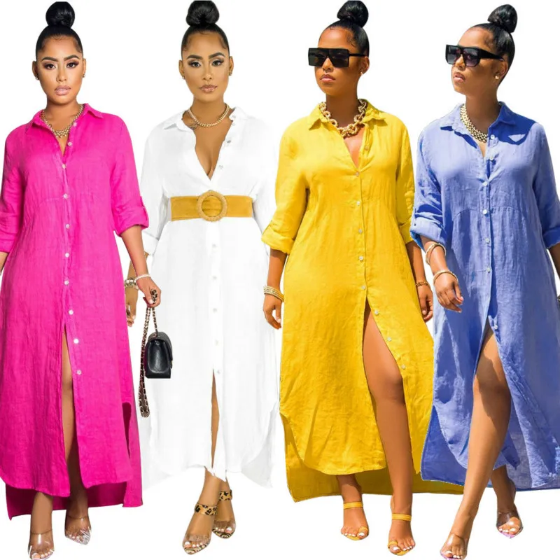 2020 New Autumn Woman Dress Hot Style Model Solid-color Button Office Lady European and American Loose Maxi Shirt Dress 
2020 New Autumn Woman Dress Hot Style Model Solid-color Button Office Lady European and American Loose Maxi Shirt Dress