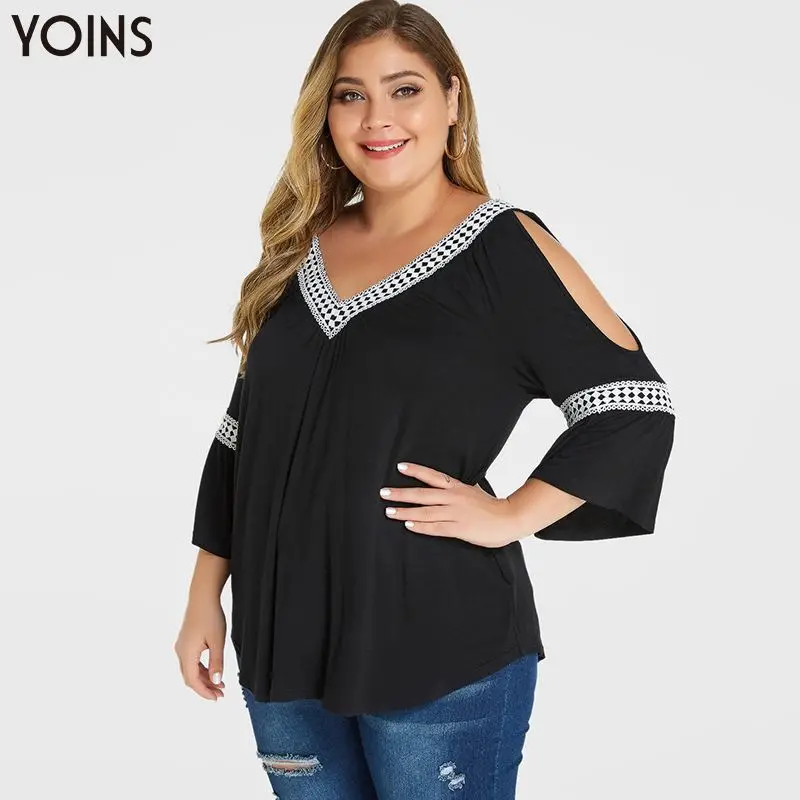 

YOINS 2019 Spring Summer Women Sexy Blouses V-neck Cold Shoulder Backless Bell Sleeves Female Elegant Black Shirts Tie-up Blusas