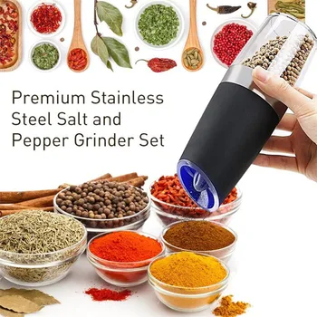 Electric Salt And Pepper Grinder Stainless Steel Gravity Sensor Pepper Salt Mill With Blue LED Light For Kitchen Cooked Food 
Electric Salt And Pepper Grinder Stainless Steel Gravity Sensor Pepper Salt Mill With Blue LED Light For Kitchen Cooked Food