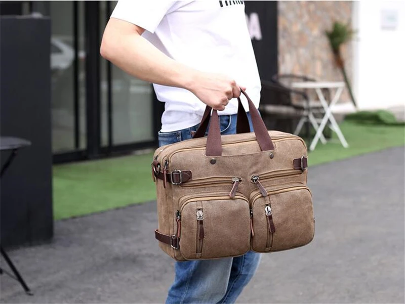 Fashion Men Canvas Bag Leather Briefcase Travel Suitcase Messenger