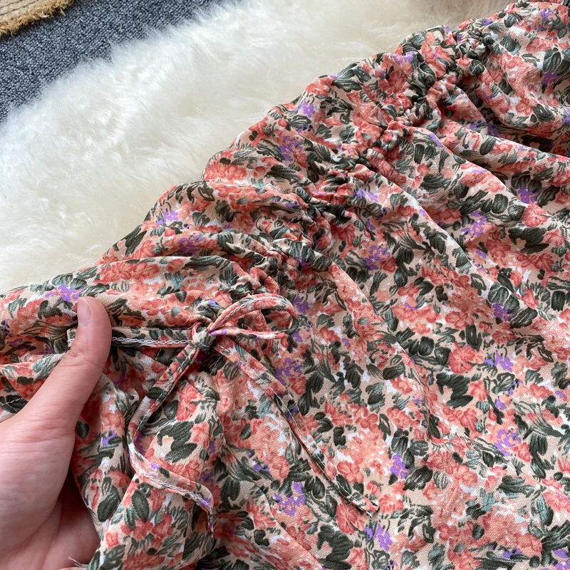 SINGRAIN 2020 Summer Floral dress Women puff sleeves flower print sundress Drawstring ruffles chiffon dress purple korean dress