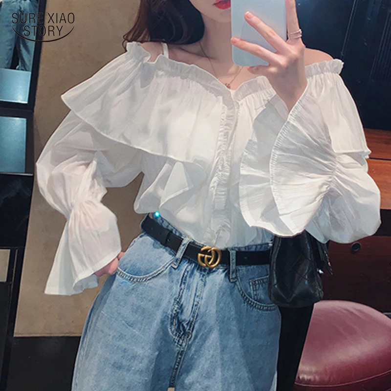 

Autumn Fashion Pleated Shirt Tops White One-shoulder Sling Blouse Women Long-sleeved Solid Elegant Ruffled Women Blouse 16412