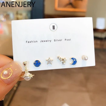 ANENJERY Blue Universe Planet Moon Star Stud Earrings Set Gold Silver Color Pearl Zircon Earring For Girls 6-piece Set S-E1143
ANENJERY Blue Universe Planet Moon Star Stud Earrings Set Gold Silver Color Pearl Zircon Earring For Girls 6-piece Set S-E1143