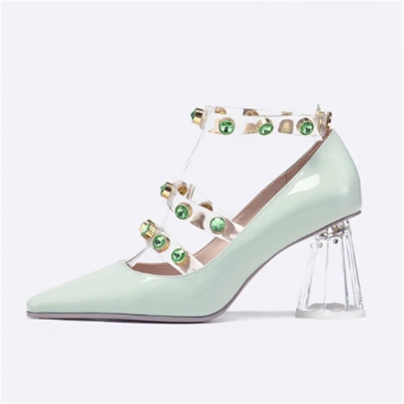 Spring and summer new pointed shallow mouth high heels sexy word color diamond transparent thick with women's wild patent leathe
Spring and summer new pointed shallow mouth high heels sexy word color diamond transparent thick with women's wild patent leathe