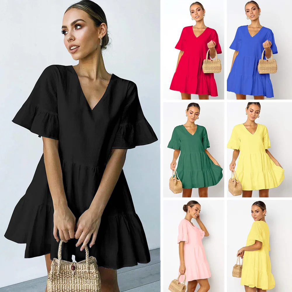 

Women Summer Tiered Ruffle Hem V Neck Bell Sleeve Loose Swing Tunic Mini Cute Shift Dress with Pockets