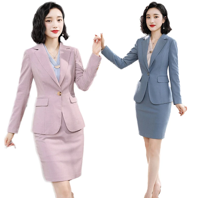 

Sky Blue Pink Fashion Women Skirt Suit Business Interview Plus Size Office Ladie Elegant Business Long Sleeve Work Uniforms Set