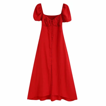 

ZA 2020 Summer Long Dress Women Sweetheart Neckline Short Puff Sleeve Midi Dresses Back Smocked Front Lined Button Party Dress