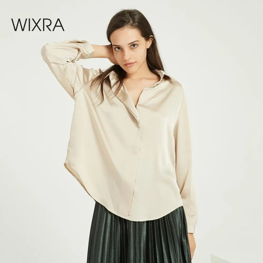 Женская атласная блузка Wixra повседневная Однотонная рубашка с длинным рукавом и