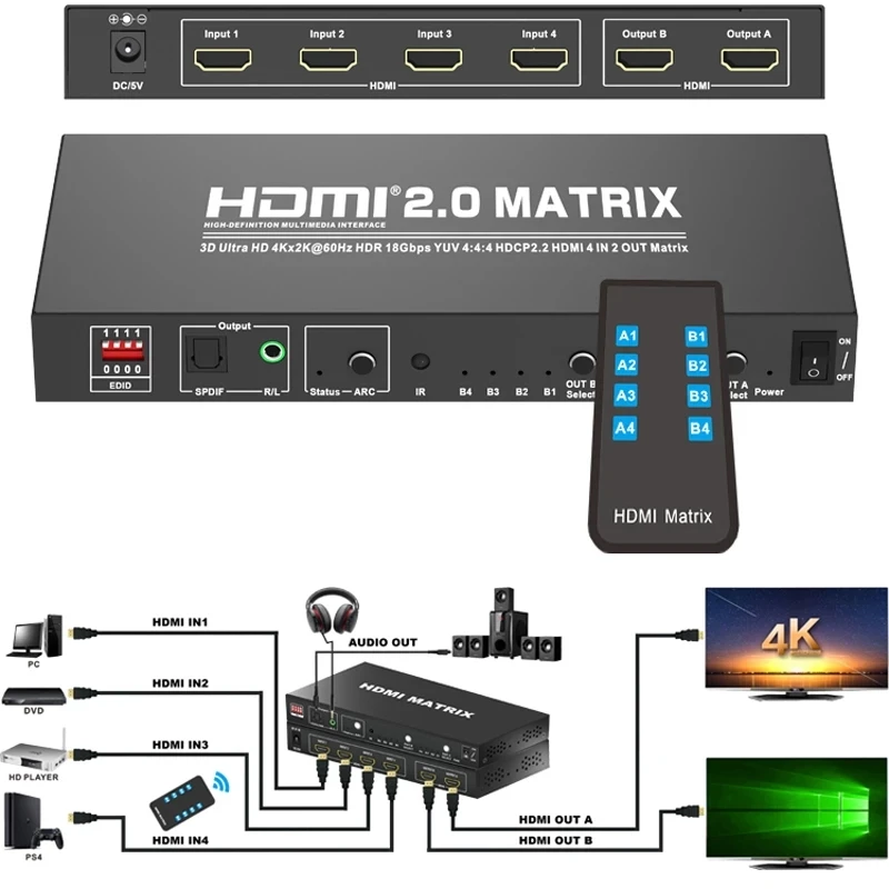 HD 4K 60 Гц 2 0 HDMI матрица 4x2 Переключатель сплиттер 4 в выхода YUV 4:4:4 3D HDR HDCP2.2 ARC SPDIF аудио