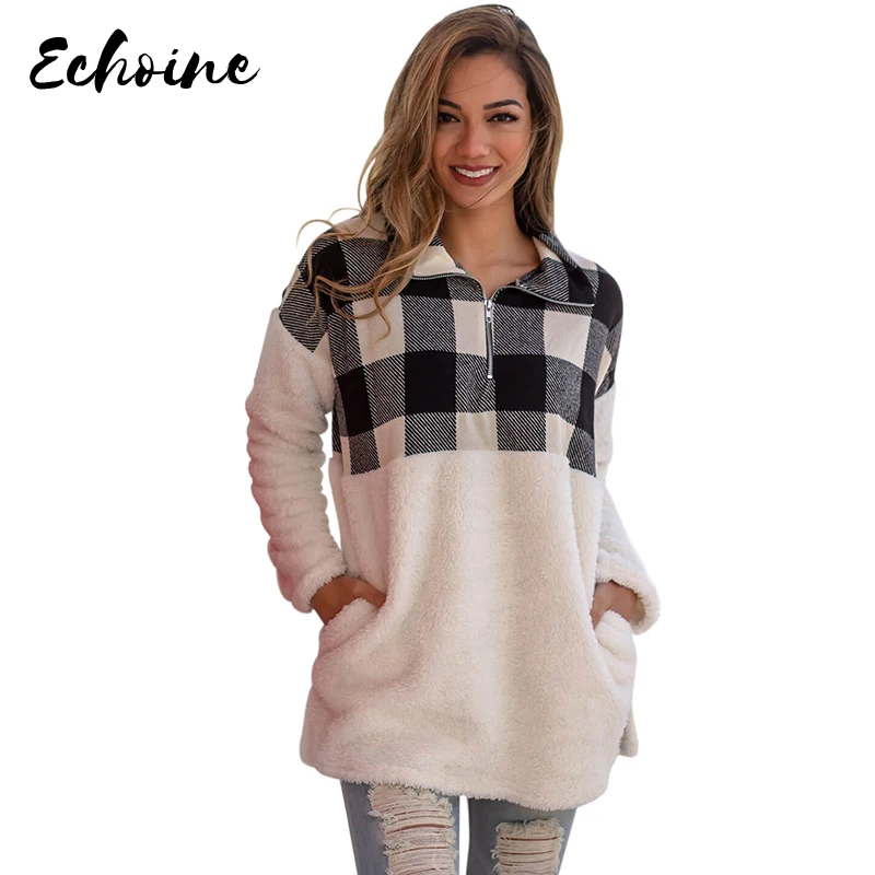 

Echoine Black/Red/Gray Fuzzy Pullover with Plaid Detail Sweatshirts Women Casual Long Sleeve Turn Down Collar Front Zipper Tops
