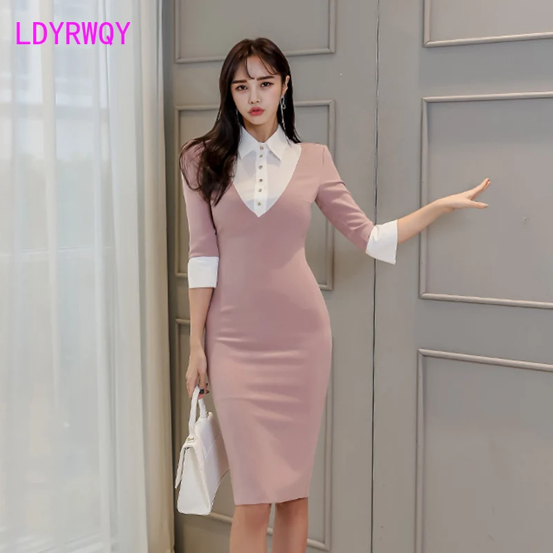 2020 spring new fake two-piece stitching seven-point sleeves waist was thin package hip dress Sheath Office Lady Polyester
2020 spring new fake two-piece stitching seven-point sleeves waist was thin package hip dress Sheath Office Lady Polyester