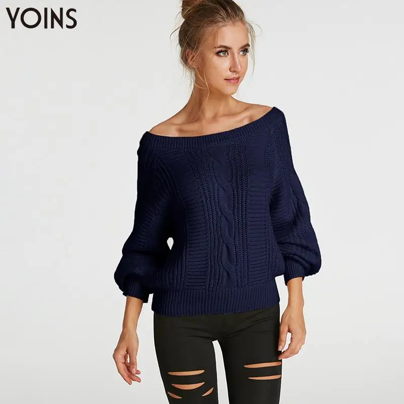 

YOINS 2019 Spring Autumn Winter Sweater Women Knitting Navy Cable Knit Off- Shoulder Lantern Sleeves Sweaters Casual Sexy Female