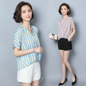 

COIGARSAM Korea Style Shirt Womens tops New Summer Office Lady Striped Chiffon Loose Women shirts Blue Lotus Root Starch 639